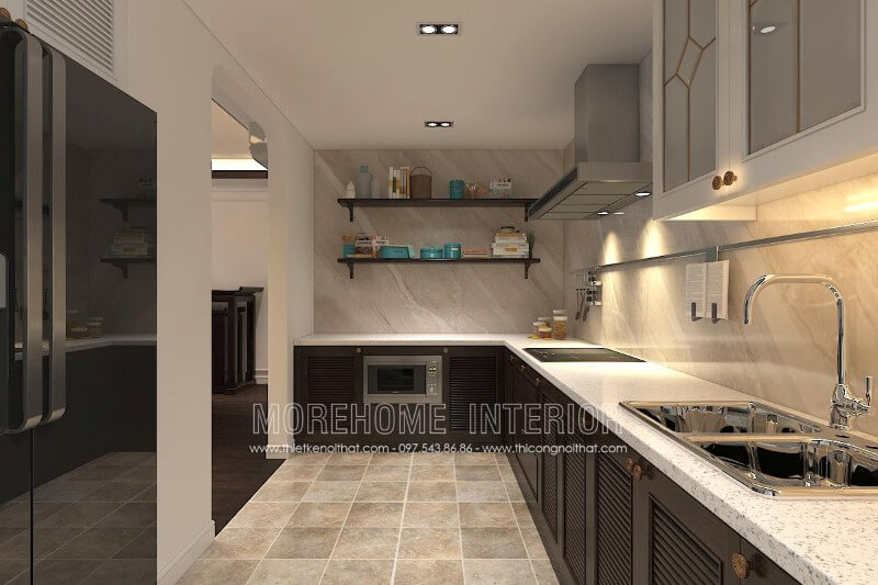 Trang trí nội thất phòng bếp đẹp với tủ bếp hiện đại, phần mặt bếp được gia chủ lựa chọn ốp đá nhân tạo cao cấp giúp cho người nấu dễ dàng lau chùi và vệ sinh hơn Tủ bếp đẹp