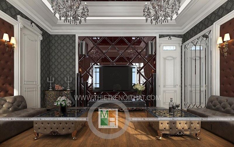 Mẫu bàn trà gỗ tân cổ điển ốp kính bề mặt cao cấp, sang trọng
